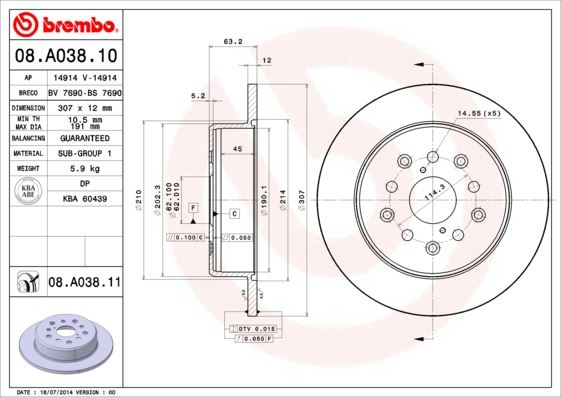 BREMBO 08A03811 Fren Diski Arka Lexus