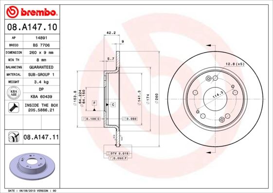 BREMBO 08A14711 Fren Diski Arka Duz 260-5 - Honda Civic 2007>2011 Hb-Sedan/Civic 2012>2013 Sedan Uv Coated