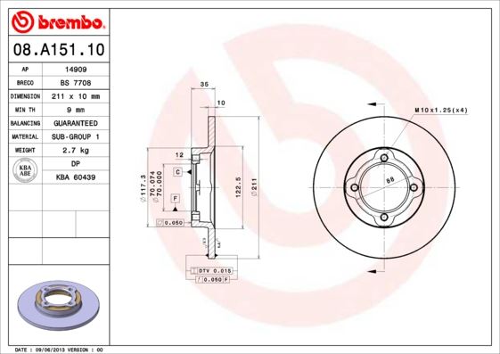 BREMBO 08A15110 Fren Diski On Standard Daihatsu
