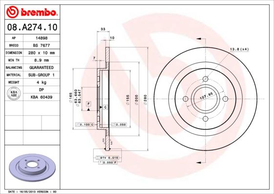 BREMBO 08A27410 Fren Diski Arka Standard Ford