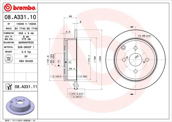 BREMBO 08A33110 Arka Fren Diski Dolu Tip Toyota Corolla 1.4l 4zz-Fe Zze120 Vvti 02-06 / 1.6l 3zz-Fe Zze121 Vvti 02 -06 258 Çap X 4 Bijon - Adet Disk Fiyatıdır