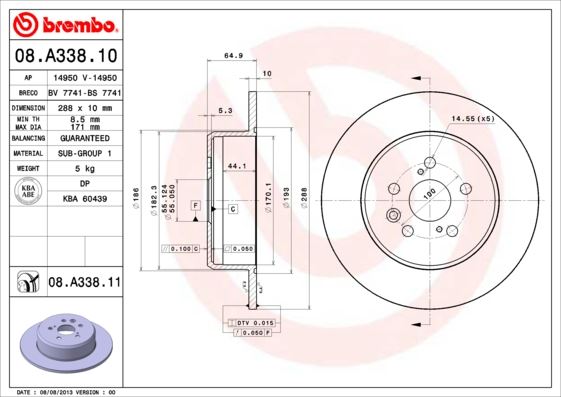 BREMBO 08A33811 Fren Diski Arka Uv Coated Toyota