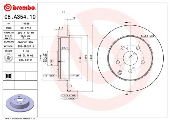 BREMBO 08A35410 Arka Fren Diski Dolu Tip Toyota Avensis 2.0l 1az-Fe 1azfse 1cd-Ftv Azt250 Cdt250 03-08 / Corolla V Erso 1.6l 3zz-Fe Znr10 04-09 2.2l 2adftv Aur10 04-09 1.8l 1zz-Fe Znr11 04-> 290 Çap X 5 Bijon - A