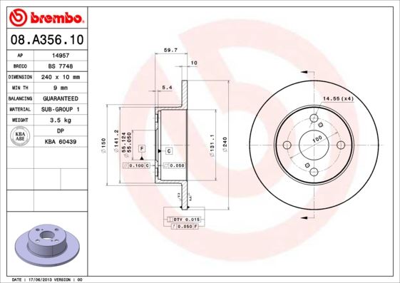 BREMBO 08A35610 Fren Diski Arka Standard Toyota