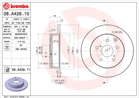 BREMBO 08A42910 Arka Fren Diski Dolu Tip Toyota Rav4 2.0l 1az-Fe Aca30 06-12 / 2.2l 2ad-Ftv 2adfhv Ala30 06-> / 2. 0l 3zrfae Zsa30 09-> / 2.0l 1adftv Ala40 13-> 281 Çap X 5 Bijon - Adet Disk Fiyatıdır