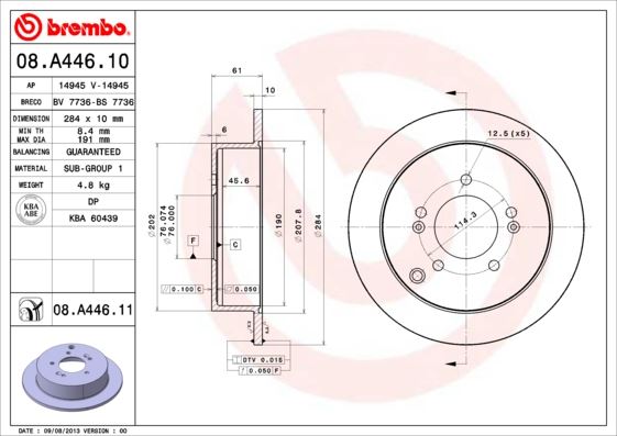 BREMBO 08A44610 Arka Fren Diski Dolu Tip Hyundai Santafe 2.4l 2.7l 00-06 / Tucson 2.0l D4ea Crdi 04-10 / Kia Sport Age 2.0l Crdi 04-07 284 Çap X 5 Bijon - Adet Disk Fiyatıdır
