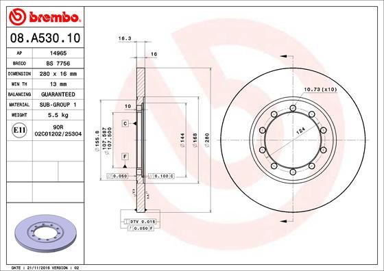 BREMBO 08A53010 Fren Diski Arka Ford Transit 06> V347 Arkadan Çeker 280x16x5delik