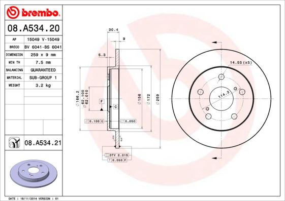 BREMBO 08A53421 Arka Fren Diski Dolu Tip - Kaplamali Toyota Auris Corolla 1.6l 1zr-Fe Zre151 07-> / 1.33l 1nr-Fe N Re150 6 Vites 10-> 259 Çap X 5 Bijon - Adet Disk Fiyatıdır