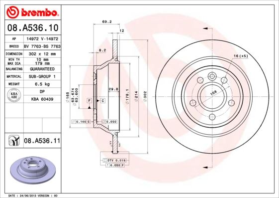 BREMBO 08A53611 Arka Fren Disk Aynasi Volvo V70 Iii 07> D4 13> S80 Ii 2.0 3.2 /2.0tdi 08> Xc70 06>
