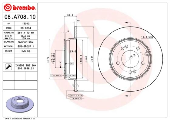 BREMBO 08A70811 Arka Fren Diski Dolu Tip - Kaplamali Hyundai Sonata 2.0l D4ea Crdi Dizel 05-10 / 2.0l Vvti Gls 05- 10 284 Çap X 5 Bijon - Adet Disk Fiyatıdır