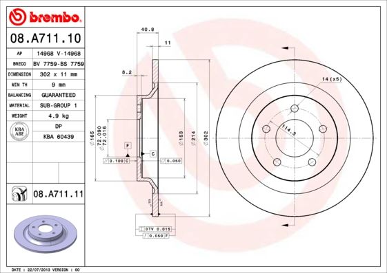 BREMBO 08A71111 Arka Fren Diski Dolu Tip Mazda 5 1.6l 2.0l Cr19 Cw Kasa 05-> 302 Çap X 5 Bijon - Adet Disk Fiya Tıdır