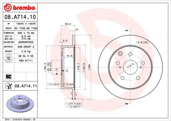 BREMBO 08A71411 Fren Diski Arka Uv Coated Toyota