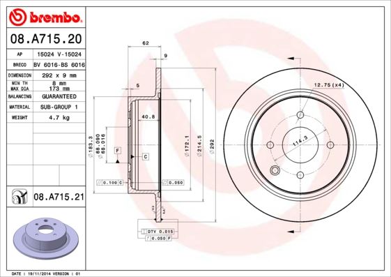 BRE-08.A715.20 Fren Diski Arka  (292-4) Nissan  Cube 09- / Tida 1.6 1.8 1.5dci 07-12