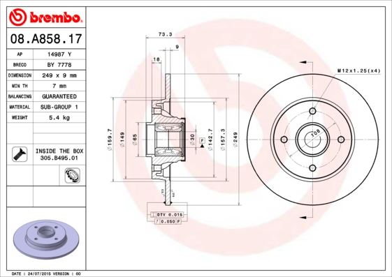 BREMBO 08A85817 Arka Fren Aynasi Peugeot P308 07>14 Citroen C4 09>16 Ds4 16>18 249x9x4dl Poryali