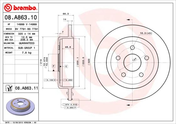 BREMBO 08A86311 Fren Diski Arka Uv Coated Jeep