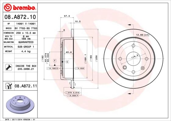 BREMBO 08A87210 Arka Fren Diski Aveo 05>13 Lacetti 2005 > Nubira 2005 > Optra 2003-2008 257x10.5x60x4dl Dolu