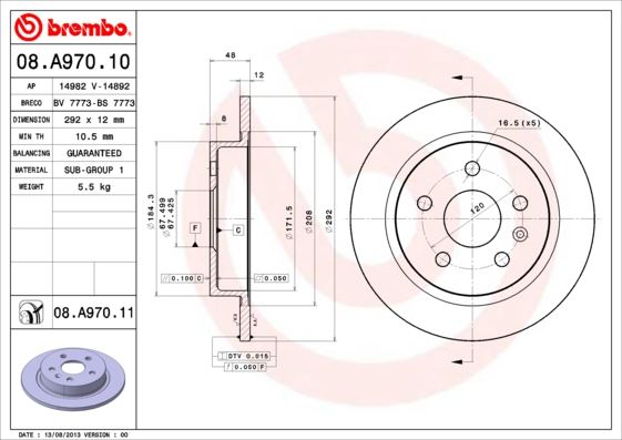 BREMBO 08A97011 Arka Fren Aynasi Insignia A 08> Saab 9-5 Ys3g 10> 16 Jant 292x12x5dl Dolu