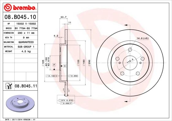 BREMBO 08B04511 Arka Fren Diski Dolu Tip - Kaplamali Toyota Avensis 1.6l 1.8l 1zr-Fae 2zr-Fae Zzt270 Zzt271 09-> / 2.0l 1ad-Ftv Adt270 09-> 290 Çap X 5 Bijon - Adet Disk Fiyatıdır