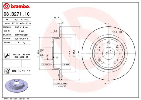BREMBO 08B27111 Arka Fren Diski Dolu Tip Honda Accord 2.0l R20a3 Cu1 Kasa 08-15 282 Çap X 5 Bijon - Adet Disk Fiyatıdır