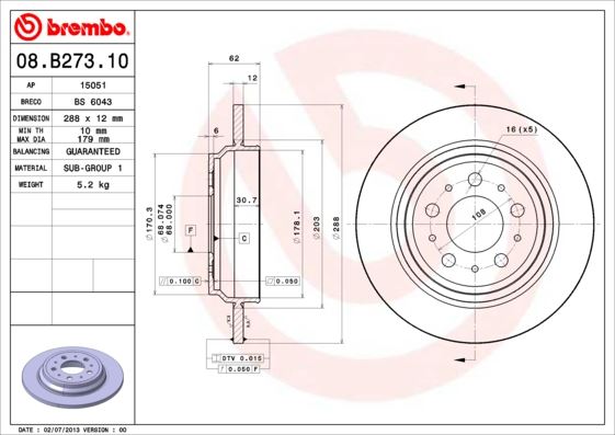BREMBO 08B27310 Arka Fren Aynasi Volvo S60 01-10 S70 01-05 S80 98-06 Xc70 00-07 288x12x5dl Delykly