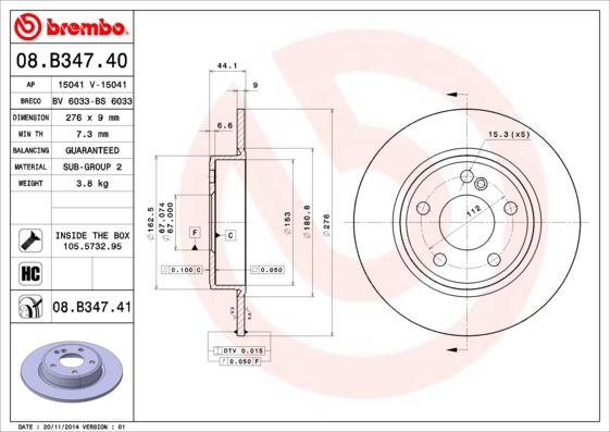 BREMBO 08B34740 Fren Diski Arka Mercedes W176 W246 C117