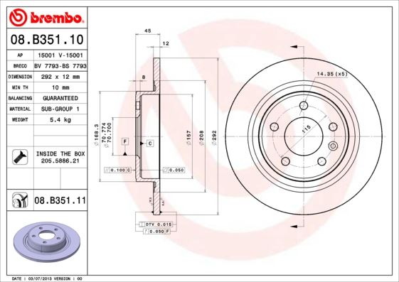 BREMBO 08B35111 Arka Fren Aynasi 16 Inç Astra J 09 > Zafira C 11 > Cruze 09 > 268.5x12x5dl Dolu 569075