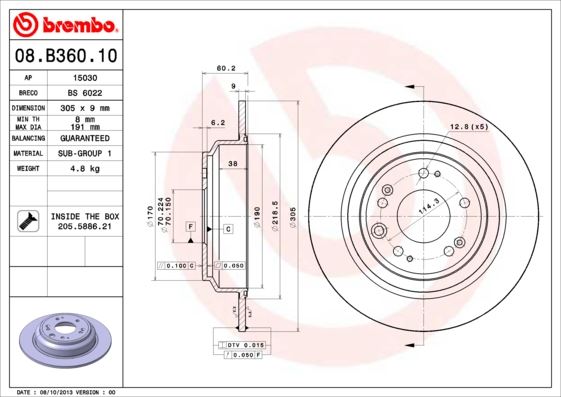BREMBO 08B36010 Fren Diski Arka Duz- 305-5 - Honda Accord 08>15