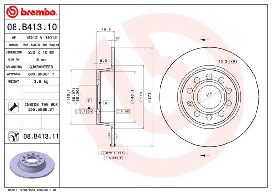 BREMBO 08B41310 Arka Fren Aynasi Jetta Iii-Golf Vi-Caddy 10>Scirocco 08>A1 01>A3 04>Altea 06>Octavia 04> 272x9.7x9dl 986479677-986479c20-Df7911