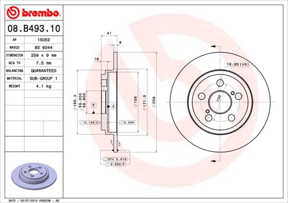BREMBO 08B49310 Fren Diski Arka Standard Toyota
