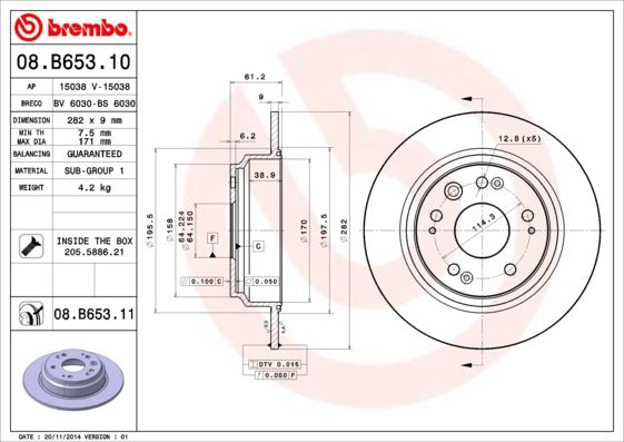 BREMBO 08B65311 Fren Disk Arka Duz 282-5 Honda Accord 03 - 08-Honda S2000 00 -