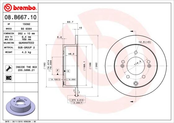 OTOZONE BD8068 Arka Fren Diski Dolu Tip Kia Cerato 1.6l G4fc 10-14 / Soul 1.6l G4fc Benzinli 09-> 1.6l D4fb Crdi 09-14 262 Çap X 5 Bijon - Adet Disk Fiyatıdır