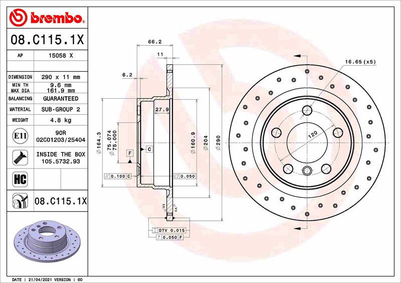 BREMBO 08C1151X Fren Diski Arka Bmw 1serisi F20 12/2010- Xtra Line - Xtra Delikli