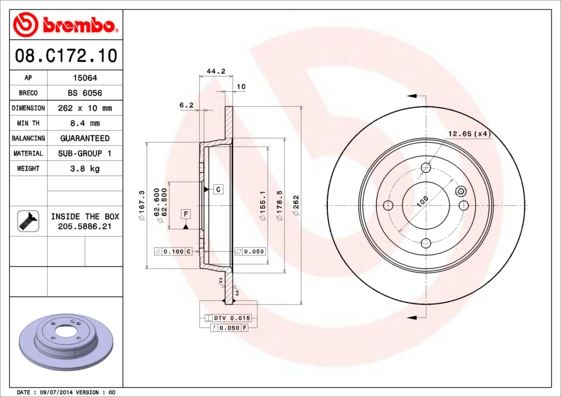 BREMBO 08C17210 Arka Fren Diski Dolu Tip Hyundai Accent Blue 1.4l 1.6l Benzinli 10-> 1.6l Crdi Dizel 10-> / İ20 1.2l 1.4l Benzinli Kappa 15-> / Kia Rio 1.4l 1.6l 11-> - 262 Çap X 4 Bijon - Adet Disk Fiyatıdır