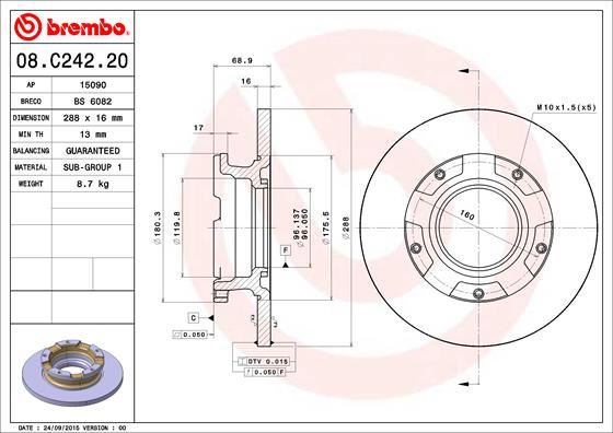 BREMBO 08C24220 Arka Fren Disk Aynasi Transit Custom V362 2.2tdci 12> Cap 288 16