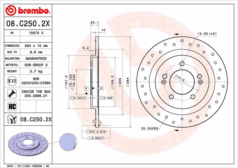 BREMBO 08C2502X Fren Diski Hyundai İ40 I Vf 03/12-05/19-Hyundai İ40 I Cw Vf 07/11-05/19-Hyundai İ40 I Kombi Van