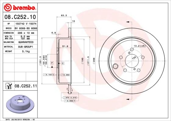 BREMBO 08C25211 Fren Disk Arka Duz- 286-5 - Subaru Forester 09> Impreza 08> Legacy 09> Outback 09>