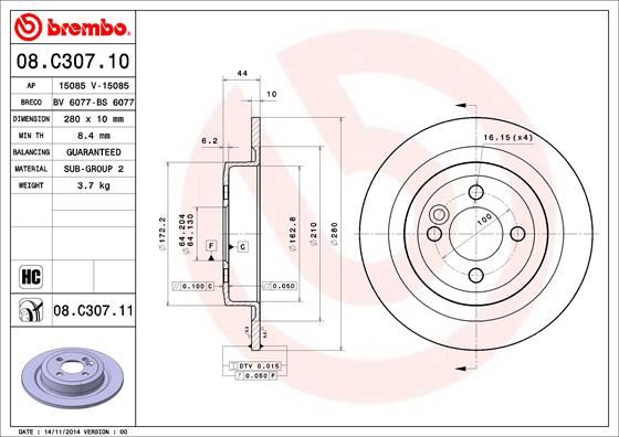 BREMBO 08C30711 Fren Diski Arka Uv Coated Mini
