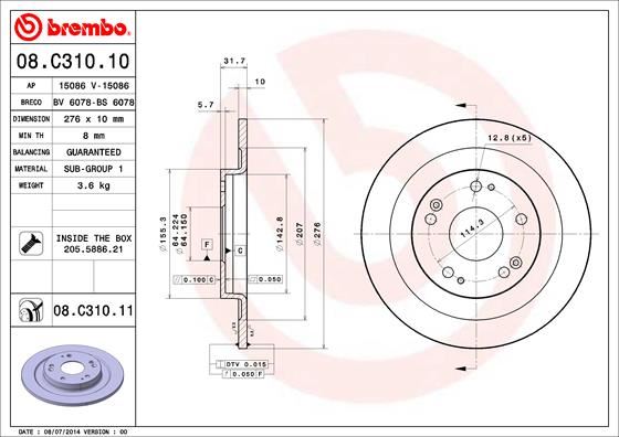 BREMBO 08C31011 Arka Fren Diski Dolu Tip Honda Civic 1.6l N16a İ-Dtec Dizel Fk3 Kasa 13-> 276 Çap X 5 Bijon - Adet Disk Fiyatıdır
