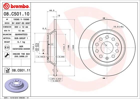 BREMBO 08C50111 Fren Diski Arka Vw Golf 7 13>20 Arteon 17>20 Passat B8 15>20 Tiguan 16>24 Skoda Kodiaq 16>Superb Iii 15>24 Seat Tarraco 18>24 Audi Q3 19> A3 14>20