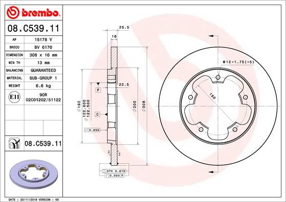 BREMBO 08C53911 Arka Fren Diski Transit V363 14> Tek Teker A.Ceker Duz 308mm 5 Bijon