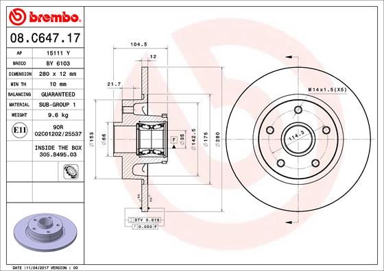 BREMBO 08C64717 Arka Fren Diski Renault Trafic Iii 14> Opel Vivaro B 15> Diş Çap:280 Mm 5 Delik