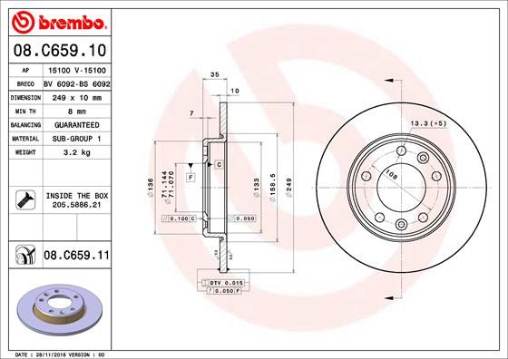 BREMBO 08C65911 Arka Fren Diski Peugeot P308 13>21 249x35x5dl Dolu