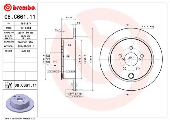 BREMBO 08C66111 Arka Fren Diski Dolu Tip Subaru Forester Sj 13-> / Xv Gp 12-17 274 Çap X 5 Bijon - Adet Disk Fiy Atıdır