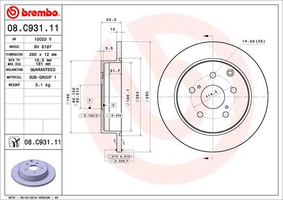 BREMBO 08C93111 Fren Diski Arka Uv Coated Toyota