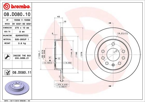 BREMBO 08D08011 Arka Fren Aynasi Astra H Gtc 2.0t 04>14 Zafira B 05>15 277.9x10x5dl Dolu
