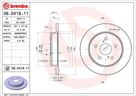 BREMBO 08D41811 Arka Fren Diski Dolu Tip - Kaplamali Toyota Corolla Cross 1.8l 2zr-Fxe Zvg12 21-> / Ch-R 1.2l 8nrf Ts Ngx10 16-> 1.8l 2zr-Fxe Hybrid Zyx10 16-> / Yaris Cross 1.5l M15a-Fxe Hybrid Mxpj10 Mxpb10 21->