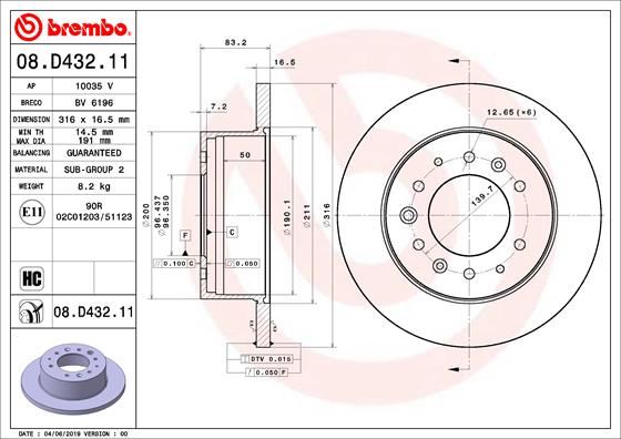 BREMBO 08D43211 Arka Fren Diski Dolu Tip Hyundai H350 2.5l D4cb Crdi 15-> 316 Çap X 6 Bijon - Adet Disk Fiyatıdı R