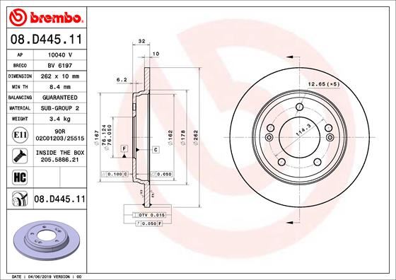 BREMBO 08D44511 Arka Fren Diski Dolu Tip - Kaplamali Hyundai Elantra 1.6l G4fm 20-> 262 Çap X 5 Bijon - Adet Dis K Fiyatıdır