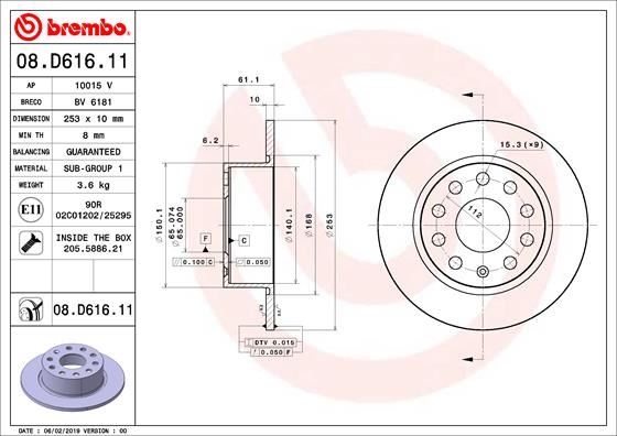 BREMBO 08D61611 Fren Diski Arka Skoda Octavia Iii 12>20 253x10x61.4