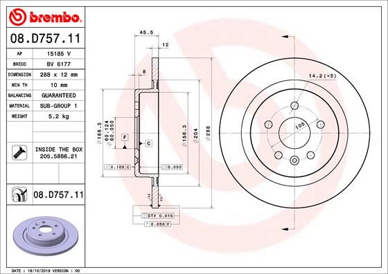 BREMBO 08D75711 Arka Fren Diski Opel Astra K 15>22 288x45x5 Dolu